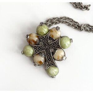 Scottish Agate Gemstone Celtic Cross Motif Silver T Vintage Charm Necklace - 25"